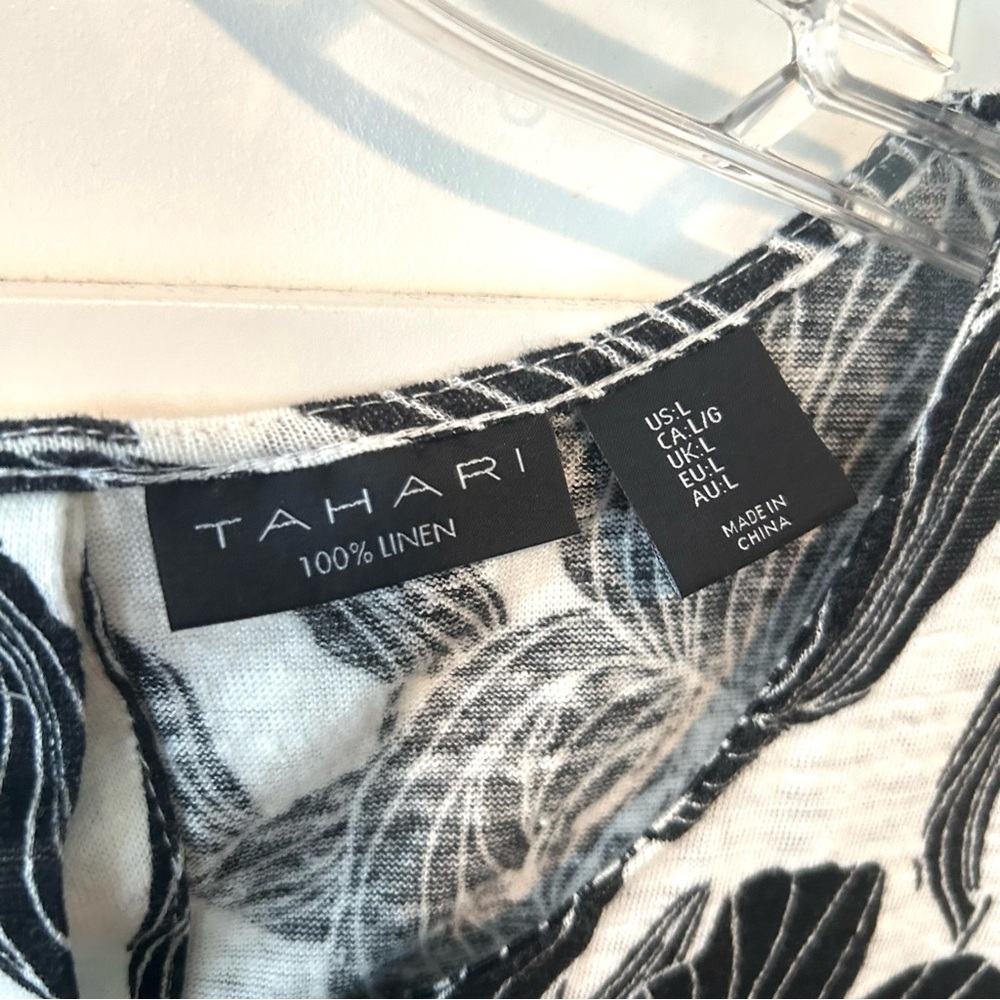 Tahari Women's Black and White Floral 100% Linen Tee in‎ Size L - Picture 8 of 9